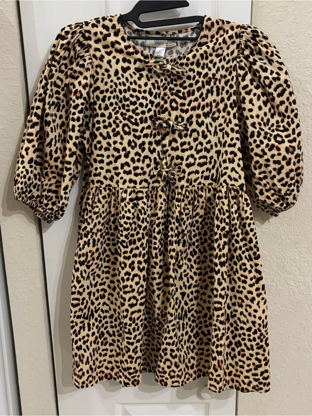 Band of the Free Leopard Print Bow-Front Puff Sleeve Mini Dress